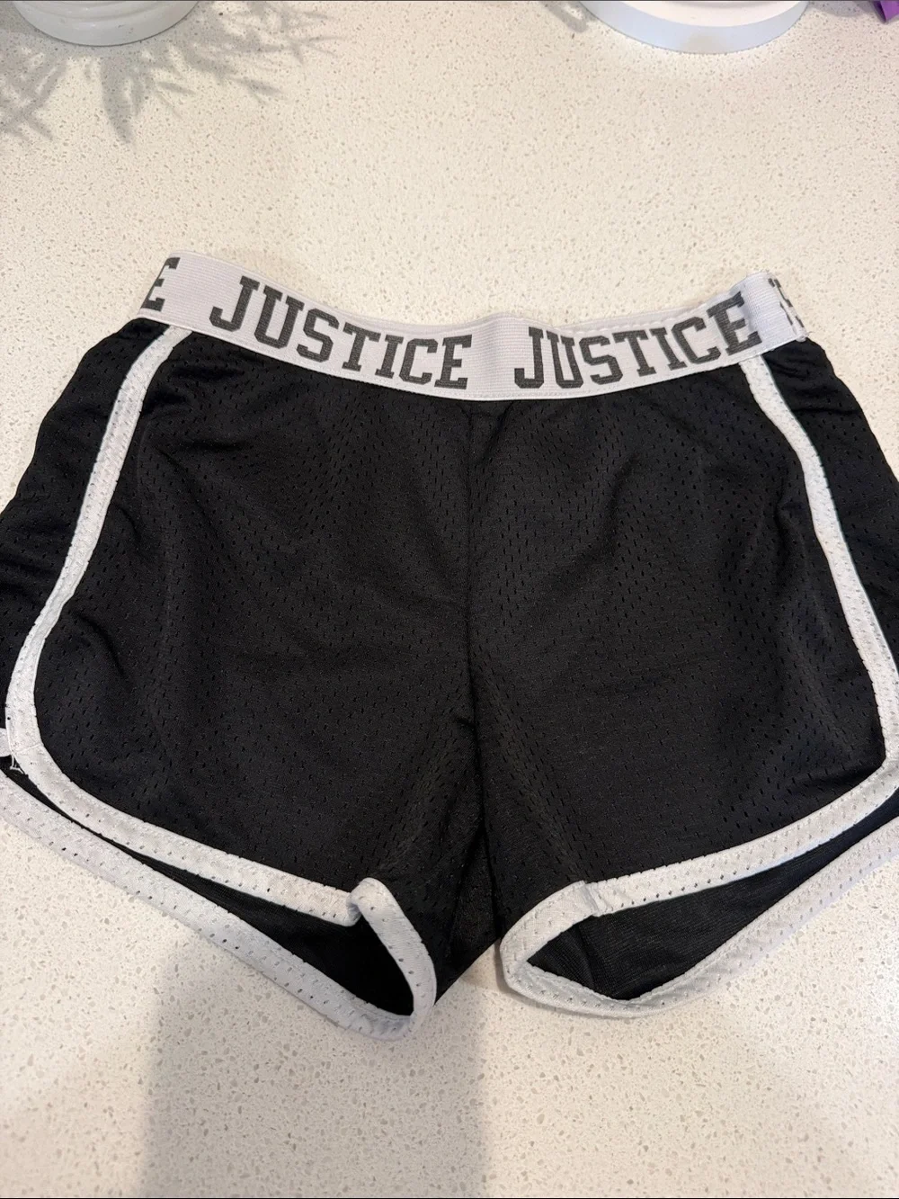 Justice Black Athletic Mesh Shorts with White Waistband and Trim